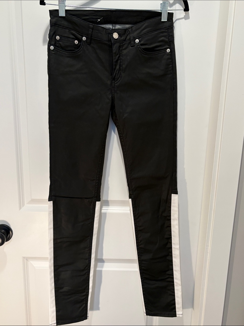 BLK DNM Black Slim Jeans with Leather wax finish. Stretchy colour block